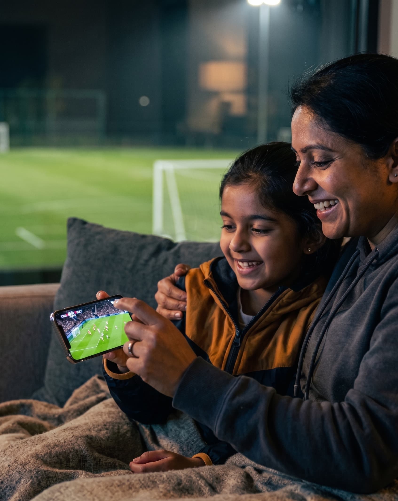 A family watching football highlights on a phone